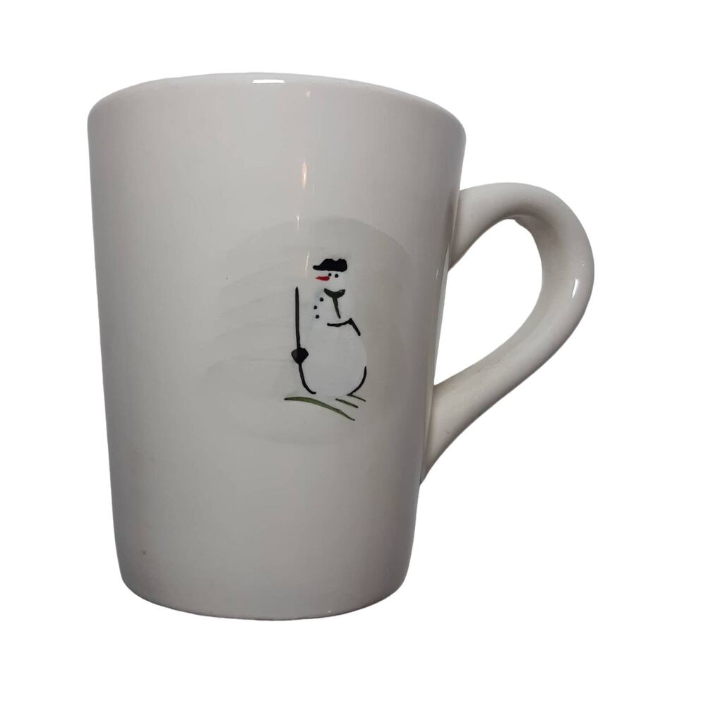Williams Sonoma White Mug Stoneware Snowman with Walking Stick Winter Holiday